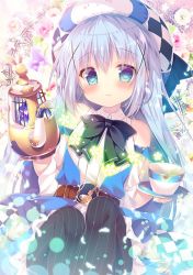 Rule 34 | 1girl, angora rabbit, animal, animal on head, black hair, black thighhighs, blue eyes, blue hair, blush, bow, bowtie, commentary request, cup, detached sleeves, dress, floral background, gochuumon wa usagi desu ka?, hair ornament, hat, holding, holding cup, holding teapot, kafuu chino, light blue hair, long hair, long sleeves, looking at viewer, mitsumomo mamu, on head, rabbit, rabbit on head, saucer, solo, striped clothes, striped thighhighs, teacup, teapot, thighhighs, tippy (gochiusa), vertical-striped clothes, vertical-striped thighhighs, x hair ornament