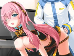Rule 34 | 1boy, 1girl, all fours, bad id, bad pixiv id, blue eyes, blush, breasts, clothed sex, doggystyle, hetero, kaito (vocaloid), large breasts, long hair, megurine luka, nipples, one eye closed, pink hair, sex, sex from behind, skirt, thighhighs, vaginal, vocaloid, wince, wink, yakitori (oni)