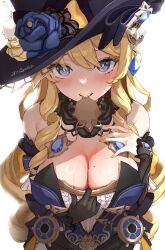 Rule 34 | 1girl, absurdres, alternate breast size, artist name, bare shoulders, black gloves, blonde hair, blue dress, blue eyes, blush, breasts, cleavage, clothes pull, commentary, detached sleeves, dress, drill hair, english commentary, flower, genshin impact, gloves, hat, hat flower, highres, jewelry, korean commentary, large breasts, long hair, looking at viewer, mixed-language commentary, mole, mole on breast, mouth hold, navia (genshin impact), open mouth, paid reward available, pendant, rose, simple background, solo, twitter username, upper body, vitashogun, white background