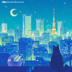 Rule 34 | abueloretrowave, building, cat, city, cityscape, from behind, highres, moon, night, no humans, original, pixel art, scenery, tower