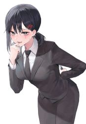 Rule 34 | 1girl, absurdres, black hair, black jacket, black necktie, black pants, black suit, bright pupils, chainsaw man, collared shirt, cowboy shot, crying, crying with eyes open, danah, finger to own chin, formal, from side, grey eyes, hair ornament, hairclip, hand on own hip, hand up, higashiyama kobeni, highres, holding, holding knife, jacket, knife, leaning forward, looking at viewer, low ponytail, medium hair, mole, mole under eye, mole under mouth, necktie, open mouth, pants, shirt, simple background, single sidelock, solo, standing, suit, tears, white background, white pupils, white shirt