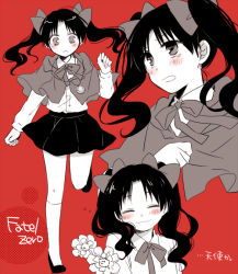 Rule 34 | 1girl, bad id, bad pixiv id, black hair, blush, bow, capelet, casual, child, compass, copyright name, closed eyes, fate/stay night, fate/zero, fate (series), flower, hair ribbon, long hair, love-moon, monochrome, ribbon, skirt, smile, solo, tears, tohsaka rin, twintails, aged down, yuuki (moon child)