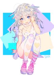 Rule 34 | 1girl, ahoge, artist name, bad id, bad pixiv id, blue eyes, blush, bracelet, dress, hair ornament, heart, jewelry, long hair, looking at viewer, open mouth, original, rabbit ears, see-through, shoes, silver hair, sneakers, solo, sukja, thighhighs, wavy hair, white dress, white thighhighs