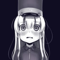 Rule 34 | 1girl, black background, blush, boa (brianoa), character request, copyright request, greyscale, hat, horrified, jacket, long hair, monochrome, purple theme, scared, shako cap, simple background, solo, wavy mouth, wide-eyed, zipper