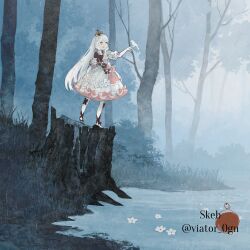 Rule 34 | 1girl, :d, bare tree, bird, bird on hand, bow, braid, commission, crown, crown braid, dress, dress bow, flower, fog, forest, frilled sleeves, frills, grass, gu (goodnight), hair flower, hair ornament, hand up, leg ribbon, long hair, nature, no shoes, open mouth, original, outdoors, pantyhose, pink bow, rain, ribbon, short sleeves, skeb commission, smile, solo, standing, tree, tree stump, twitter username, water, watermark, white dress, white flower, white hair, white pantyhose