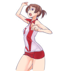 Rule 34 | 1girl, arm up, brown eyes, brown hair, commentary, covered navel, frown, girls und panzer, highres, kawanishi shinobu, leg up, looking to the side, nabeyu, open mouth, red shirt, red shorts, shirt, short hair, short ponytail, short shorts, shorts, simple background, sleeveless, sleeveless shirt, solo, spiking, sportswear, standing, standing on one leg, volleyball uniform, white background