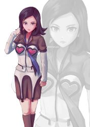 Rule 34 | 1girl, amano maya, black eyes, black footwear, black hair, boots, brown shirt, brown skirt, clenched hand, collarbone, commentary, english commentary, frown, grey shirt, hand in own hair, heart, highres, looking at viewer, medium hair, persona, persona 2, pink lips, sasi (artofsasi), shirt, skirt, solo, twitter username, two-tone shirt, white background, zoom layer