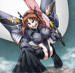 Rule 34 | 10s, 1girl, adapted costume, anglerfish, armor, armored dress, black bodysuit, black legwear, bodysuit, boobplate, boots, breastplate, brown eyes, brown hair, cosplay, detached leggings, evil smile, fish, gauntlets, girls und panzer, gloves, grey gloves, hand on own leg, headgear, highleg, highres, holding, holding sword, holding weapon, junketsu, junketsu (cosplay), kill la kill, leaning forward, long sleeves, looking at viewer, nishizumi miho, open mouth, parody, pauldrons, revealing clothes, scissor blade (kill la kill), short hair, shoulder armor, smile, solo, standing, sword, v-shaped eyebrows, wani02, weapon, white footwear