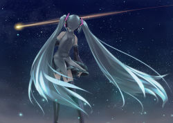 Rule 34 | 1girl, aqua hair, bare shoulders, detached sleeves, from behind, hatsune miku, hayabusa (spacecraft), long hair, night, night sky, rokuwata tomoe, skirt, sky, solo, spacecraft, standing, star (sky), star (symbol), starry sky, thighhighs, twintails, very long hair, vocaloid