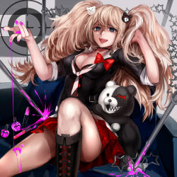 Rule 34 | 10s, 1girl, blonde hair, blue eyes, boots, bra, breasts, cleavage, cross-laced footwear, danganronpa: trigger happy havoc, danganronpa (series), enoshima junko, hair ornament, highres, lace-up boots, long hair, md5 mismatch, monokuma, nail polish, necktie, resolution mismatch, ribbon, skirt, sleeves rolled up, source larger, spoilers, star (symbol), tcb, twintails, underwear