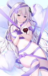 Rule 34 | 1girl, bound, bound wrists, breasts, butterfly hair ornament, candy, chocolate, chocolate heart, chocolate on body, chocolate on breasts, closed mouth, colored eyelashes, crossed bangs, dot nose, echidna (re:zero), echiru39, food, food on body, food writing, foreshortening, groin, hair between eyes, hair ornament, hands up, heart, heart-shaped pillow, highres, knee up, light smile, long hair, looking at viewer, lying, naked ribbon, navel, on back, pillow, purple ribbon, re:zero kara hajimeru isekai seikatsu, ribbon, skindentation, solo, thighs, very long hair, white hair