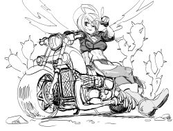 Rule 34 | 1girl, alex ahad, angel (kof), breasts, cactus, cleavage, cropped jacket, crossed legs, greyscale, large breasts, monochrome, motor vehicle, motorcycle, one eye closed, short hair, solo, the king of fighters, white hair
