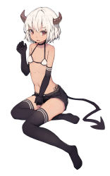 Rule 34 | 1girl, bare shoulders, bikini, bikini top only, black gloves, black shorts, black thighhighs, breasts, brown eyes, choker, collarbone, commentary, demon tail, elbow gloves, fang, full body, gloves, highres, horns, looking at viewer, navel, no shoes, open mouth, original, shone, short hair, short shorts, shorts, simple background, sitting, small breasts, solo, stomach, swimsuit, tail, thighhighs, white background, white hair