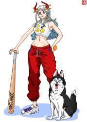 Rule 34 | 1girl, alternate costume, aqua hair, ball, baseball bat, couchpotato op, dog, earrings, english text, eyelashes, full body, gradient hair, groin, hair ornament, hair stick, hand on own hip, highres, holding, holding ball, hoop earrings, horns, husky, jewelry, long hair, looking at viewer, multicolored hair, navel, numbered, one piece, orange eyes, pants, ponytail, red horns, red pants, shoes, sidelocks, smile, sneakers, standing, tank top, tongue, tongue out, white hair, white tank top, yamato (one piece)