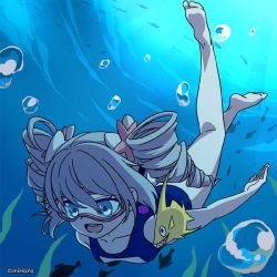 Rule 34 | 1girl, :d, artist request, bare shoulders, barefoot, bronya zaychik, drill hair, earrings, fish, goggles, grey eyes, grey hair, hair between eyes, honkai (series), honkai impact 3rd, in water, jewelry, ocean, official art, one-piece swimsuit, open mouth, smile, soles, solo, swimming, swimsuit, toes, underwater