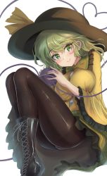 Rule 34 | 1girl, ass, black footwear, black hat, black pantyhose, blouse, boots, breasts, collared shirt, cross-laced footwear, eyeball, frilled shirt collar, frilled sleeves, frills, green eyes, green hair, hat, hat ribbon, heart, heart of string, highres, koishi day, komeiji koishi, lace-up boots, long sleeves, looking at viewer, namiki (remiter00), pantyhose, ribbon, shirt, simple background, smile, solo, thighs, third eye, touhou, white background, wide sleeves, yellow ribbon, yellow shirt