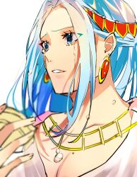Rule 34 | 1girl, blue eyes, blue hair, close-up, commentary request, crying, earrings, half updo, highres, holding, jewelry, light blue hair, long hair, looking to the side, necklace, nefertari vivi, one piece, op 1156, profile, sidelocks, simple background, solo, tears, white background