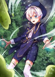 Rule 34 | 1boy, blue eyes, blue shorts, from below, hat, kneehighs, magic, magical boy, male focus, original, outdoors, shorts, slime (substance), socks, solo, star (sky), thighhighs, tree, white hair, white socks, white thighhighs, wind