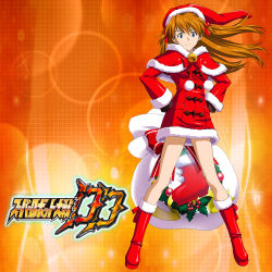Rule 34 | 1girl, blue eyes, boots, breasts, brown hair, christmas, dress, floating hair, full body, gradient background, hair ribbon, hands on own hips, hat, highres, logo, long hair, neon genesis evangelion, official alternate costume, official art, ribbon, santa hat, solo, souryuu asuka langley, standing, super robot wars, super robot wars dd, thighs, two side up