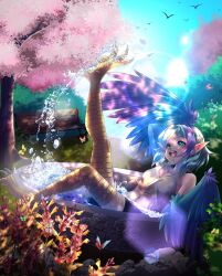 Rule 34 | 1girl, absurdres, bare shoulders, bench, bird, bird legs, blue eyes, blue feathers, blue hair, blue wings, breasts, bug, butterfly, feathers, grey tank top, harpy, highres, indie virtual youtuber, insect, lens flare, medium breasts, medium hair, midriff, monster girl, multicolored hair, navel, open mouth, outdoors, partially submerged, pointy ears, pool, purple hair, rock, second-party source, shorts, solo, talons, tank top, teeth, tree, tricathewild, two-tone hair, upper teeth only, virtual youtuber, water, winged arms, wings