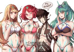 Rule 34 | 1boy, 3girls, bikini, black hair, blonde hair, blush, breasts, chest jewel, cleavage, closed eyes, commission, crossover, demi-fiend, earrings, full-body tattoo, gzei, headpiece, jewelry, large breasts, long hair, looking at viewer, matching hair/eyes, midriff, monolith soft, multiple girls, multiple persona, mythra (xenoblade), navel, pneuma (xenoblade), ponytail, pyra (xenoblade), red eyes, red hair, shin megami tensei, shin megami tensei iii: nocturne, short hair, side-tie bikini bottom, simple background, smile, stomach, swept bangs, swimsuit, tattoo, tiara, topless male, trait connection, watermark, xeno (series), xenoblade chronicles (series), xenoblade chronicles 2, yellow eyes