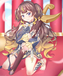 Rule 34 | absurdres, anya melfissa, barefoot, brown hair, highres, holding, holding weapon, hololive, hololive indonesia, leg ribbon, ribbon, solo, thigh ribbon, thighs, virtual youtuber, weapon