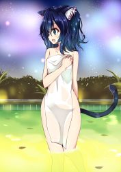 Rule 34 | 10s, 1girl, amano kouki, animal ears, blue hair, blush, breasts, cat ears, cat tail, covering privates, cyan (show by rock!!), highres, naked towel, nude cover, open mouth, short hair, show by rock!!, solo, tail, towel, wading