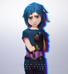 Rule 34 | 1girl, absurdres, arcane: league of legends, artist name, belt, black belt, black gloves, braid, character name, closed mouth, commentary request, copyright name, dated, ejami, gloves, gradient background, hair ornament, hairclip, highres, holding, holding stuffed toy, jinx (league of legends), league of legends, long hair, looking at viewer, pants, pink shirt, powder (arcane), shirt, short sleeves, simple background, solo, striped clothes, striped shirt, stuffed animal, stuffed rabbit, stuffed toy