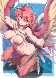 Rule 34 | 1girl, ahoge, aiming, animal ears, animal feet, arrow (projectile), bird ears, bird legs, blue eyes, bow (weapon), breasts, bright pupils, commentary request, dice, drawing bow, feathered wings, feathers, hair between eyes, harpy, harpy (sugoro quest), highres, holding, holding arrow, holding bow (weapon), holding weapon, kous (onetwojustice), medium breasts, monster girl, navel, nipples, nude, red feathers, red hair, red wings, short hair, solo, sugoro quest, talons, technos japan, two-tone wings, weapon, wings, yellow feathers, yellow wings