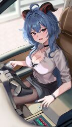 Rule 34 | 1girl, absurdres, ahoge, black bra, black choker, blue hair, blue nails, bra, bra peek, breasts, brown pantyhose, cellphone, choker, cleavage, collared shirt, crossover, ganyu (genshin impact), genshin impact, goat horns, highres, holding, holding phone, horns, k.i.t.t, knight rider, large breasts, office lady, pantyhose, partially unbuttoned, pencil skirt, phone, purple eyes, push-button, shirt, skirt, smartphone, solo, steering wheel, thighs, underwear, vehicle interior, white shirt, yato (yama0x1)