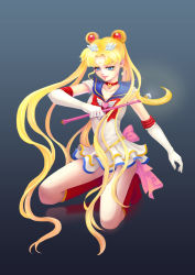 Rule 34 | 1girl, aliza (artist), bishoujo senshi sailor moon, bishoujo senshi sailor moon (first season), blonde hair, blue eyes, blue sailor collar, boots, bow, brooch, choker, crescent, crescent facial mark, crescent moon, double bun, dress, elbow gloves, facial mark, forehead mark, full body, gloves, grey background, hair bun, hair ornament, hairclip, half-closed eyes, heart, heart brooch, highres, jewelry, kneeling, lipstick, long hair, maboroshi no ginzuishou, makeup, moon, moon stick, multicolored clothes, multicolored skirt, pink lips, red bow, red footwear, sailor collar, sailor moon, short dress, simple background, skirt, smile, solo, super sailor moon, tsukino usagi, very long hair, wand, white dress, white gloves, wing brooch