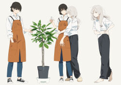 Rule 34 | 2girls, apron, baggy pants, barefoot, black eyes, black footwear, black hair, black pants, blue pants, bottle, closed eyes, clothes lift, collared shirt, commentary, full body, grey hair, hand in pocket, hand on own hip, hand on own stomach, highres, holding, hug, hug from behind, k (kamo kamen), kamo kamen, lifting own clothes, long hair, long sleeves, looking at another, looking at object, m (kamo kamen), midriff peek, multiple girls, orange apron, original, pants, parted bangs, plant, potted plant, shirt, shirt lift, shoes, short hair, short sleeves, simple background, sleeves rolled up, slippers, smile, spray bottle, white background, white shirt, yuri