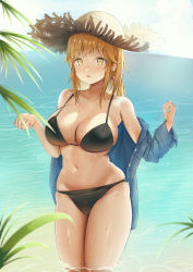 Rule 34 | 1girl, :o, bikini, black bikini, blonde hair, blue shirt, blue sky, breasts, cameltoe, cleavage, cloud, collarbone, commission, earrings, grayfox, groin, hat, highres, in water, jewelry, large breasts, leaf, light blush, long hair, looking at viewer, navel, ocean, open mouth, original, outdoors, pigeon-toed, shirt, sidelocks, sky, solo, straw hat, swimsuit, wading, water, wet, wet clothes, wet shirt, yellow eyes