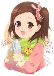 Rule 34 | 10s, 1girl, 2013, bad id, bad pixiv id, blush, braid, braided bangs, brown eyes, brown hair, child, gloves, hair ornament, highres, kaburagi kaede, looking at viewer, new year, open mouth, own hands together, scarf, scrunchie, short hair, side ponytail, solo, tiger &amp; bunny, umishima senbon