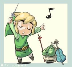 Rule 34 | 1boy, 2012, blonde hair, conductor, dated, closed eyes, happy, hat, instrument, junkpuyo, korok, leaf, link, makar, male focus, mask, musical note, nintendo, open mouth, pointy ears, quaver, smile, the legend of zelda, the legend of zelda: the wind waker, toon link, tunic, violin, weapon