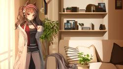 Rule 34 | 1girl, absurdres, angelina (arknights), animal ears, arknights, blush, book, brown hair, choker, coat, couch, cup, curtains, earpiece, foliage, fox ears, hairband, highres, light bulb, living room, looking at viewer, mug, pale skin, photo (object), picture frame, pillow, plant, potted plant, re leaf716, red eyes, shelf, shorts, smile, sunlight, twintails, white coat, window, zipper