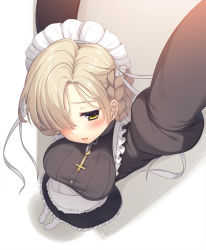Rule 34 | 1girl, apron, arms up, azur lane, black dress, black skirt, blonde hair, blush, braid, breasts, buttons, choker, commentary, cross, cross necklace, dress, dutch angle, foreshortening, french braid, from above, hair over one eye, highres, jewelry, juliet sleeves, large breasts, long sleeves, maid, maid apron, maid headdress, necklace, olive (laai), pov, puffy sleeves, sheffield (azur lane), short hair, skirt, solo, waist apron, white legwear, yellow eyes