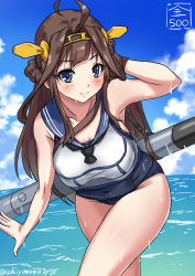 Rule 34 | 1girl, blue eyes, blush, breasts, brown hair, cleavage, cosplay, covered navel, crop top, curvy, double bun, female focus, hairband, kantai collection, kongou (kancolle), large breasts, long hair, looking at viewer, one-piece swimsuit, ro-500 (kancolle) (cosplay), ro-500 (kancolle), sailor collar, sakiyamama, school swimsuit, smile, solo, swimsuit, swimsuit under clothes, torpedo, wet