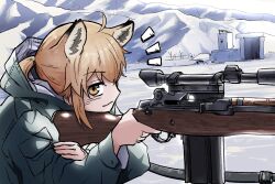 Rule 34 | 1girl, ahoge, animal ear fluff, animal ears, brown eyes, brown hair, closed mouth, day, fox ears, fox girl, fox girl (yihan1949), green jacket, gun, highres, holding, holding gun, holding weapon, hood, hood down, hooded jacket, jacket, long sleeves, looking at viewer, notice lines, original, outdoors, ponytail, rifle, scope, smile, sniper rifle, snow, solo, upper body, weapon, weapon request, yihan1949, yihan world