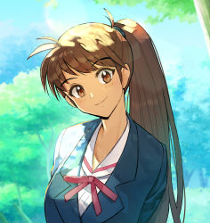 Rule 34 | 1girl, absurdres, arms behind back, blue jacket, brown eyes, brown hair, character request, closed mouth, commentary request, day, hide (hideout), highres, jacket, long hair, looking at viewer, neck ribbon, outdoors, ponytail, red ribbon, ribbon, school uniform, shirt, smile, solo, tree, true love story, upper body, white shirt