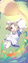 Rule 34 | 1girl, absurdres, animal ears, animal hat, apron, bell, bow, cat ears, cat hat, cat tail, commentary, dejiko, di gi charat, dress, gema, green eyes, green hair, hair bell, hair ornament, hat, highres, jingle bell, open mouth, punching, short hair, smile, solo, tail, washi (user djjg3532)