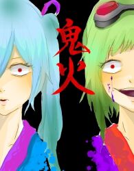 Rule 34 | 2girls, aqua hair, black background, blood, blood on face, blue kimono, commentary request, crazy eyes, crazy smile, goggles, goggles on head, green hair, gumi, gumi09, hair between eyes, hair ribbon, hatsune miku, japanese clothes, kimono, long hair, looking at viewer, multiple girls, oni to kitsune no hanashi, onibi (vocaloid), open mouth, partial commentary, purple blood, purple kimono, purple ribbon, red eyes, red goggles, ribbon, short hair, smile, song name, translated, twintails, upper body, vocaloid, wide-eyed