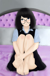 Rule 34 | 1girl, barefoot, black hair, blue eyes, blush, closed mouth, feet, glasses, hands on feet, highres, looking at viewer, medium hair, on bed, original, school uniform, sitting, skirt, smile, smitcuk, solo, toes