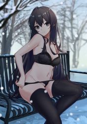 Rule 34 | 1girl, bare arms, bare shoulders, bare tree, bench, black bra, black hair, black panties, black thighhighs, bra, breasts, cleavage, closed mouth, cold, collarbone, day, exhibitionism, faicha, feet out of frame, green eyes, long hair, looking at viewer, medium breasts, navel, outdoors, panties, panty pull, park bench, public indecency, pulled by self, sitting, smile, snow, solo, stomach, thighhighs, tree, underwear, very long hair, winter, yahari ore no seishun lovecome wa machigatteiru., yukinoshita yukino