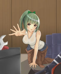 Rule 34 | 1girl, all fours, blurry, bow, box, brown eyes, commentary request, depth of field, drum (container), green hair, hair bow, highres, indoors, jumpsuit, kantai collection, long hair, ponytail, shirt, sleeveless, sleeveless shirt, solo, toyomi 13, undershirt, white shirt, wrench, yuubari (kancolle)