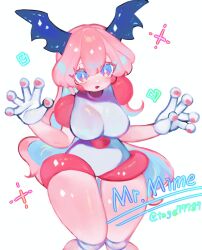 Rule 34 | blue eyes, blue hair, breasts, colored skin, creatures (company), game freak, gen 1 pokemon, gloves, highres, horns, large breasts, long hair, looking at viewer, mr. mime, multicolored eyes, multicolored hair, nintendo, pink eyes, pink hair, pink skin, pokemon, pokemon (creature), smile, thick thighs, thighs, togetoge, wide hips