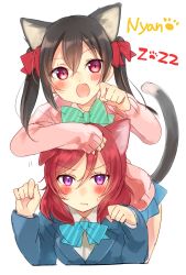 Rule 34 | 10s, 2girls, animal ears, black hair, blush, bow, bowtie, cardigan, cat ears, cat tail, fang, hair bow, highres, kakizato, long hair, long sleeves, looking at viewer, love live!, love live! school idol project, multiple girls, neck ribbon, nishikino maki, nyan, open mouth, paw pose, pleated skirt, purple eyes, red eyes, red hair, ribbon, school uniform, skirt, tail, two side up, yazawa nico