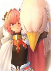 Rule 34 | 1boy, absurdres, astolfo (fate), bad id, bad pixiv id, bird, black bow, blush, bow, braid, cape, commentary request, fang, fate/apocrypha, fate (series), fur collar, fur trim, gauntlets, griffin, hair intakes, hair ribbon, highres, looking at viewer, male focus, one eye closed, pink hair, purple eyes, ribbon, short hair, simple background, single braid, skin fang, smile, tihoro1609, trap, white background, white cape