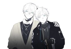 Rule 34 | 2boys, aqua hair, arm around shoulder, bracelet, cable, cardigan, chain necklace, choker, collared shirt, copyright request, drawstring, earrings, glasses, hand on another&#039;s shoulder, head tilt, headphones, headphones around neck, heads together, highres, jacket, jewelry, long sleeves, male focus, meru02295238, multiple boys, necklace, o-ring, open clothes, open jacket, partially colored, pendant, ring, round eyewear, shirt, short hair, simple background, single earring, stud earrings, sweater, triangle, turtleneck, upper body, white background