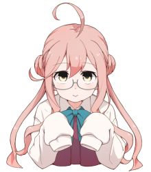 Rule 34 | 1girl, :&gt;, ahoge, aki inu, blue neckwear, cropped torso, double bun, dress, glasses, hair bun, kantai collection, long hair, low twintails, makigumo (kancolle), purple dress, shirt, sidelocks, simple background, sleeves past fingers, sleeves past wrists, smile, solo, twintails, white background, white shirt, yellow eyes